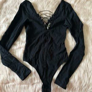 Express 111 Lace Up Front Black Thong Bodysuit